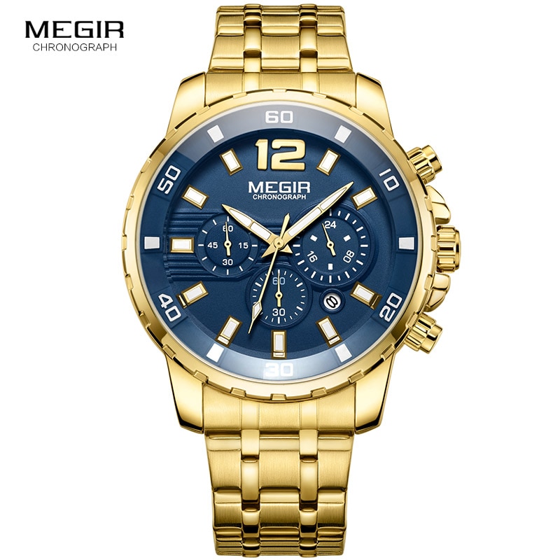 Megir Mannen Goud Rvs Quartz Horloges Business Chronograaf Analgue Horloge Voor Man Waterdichte Lichtgevende 2068GGD-2N3