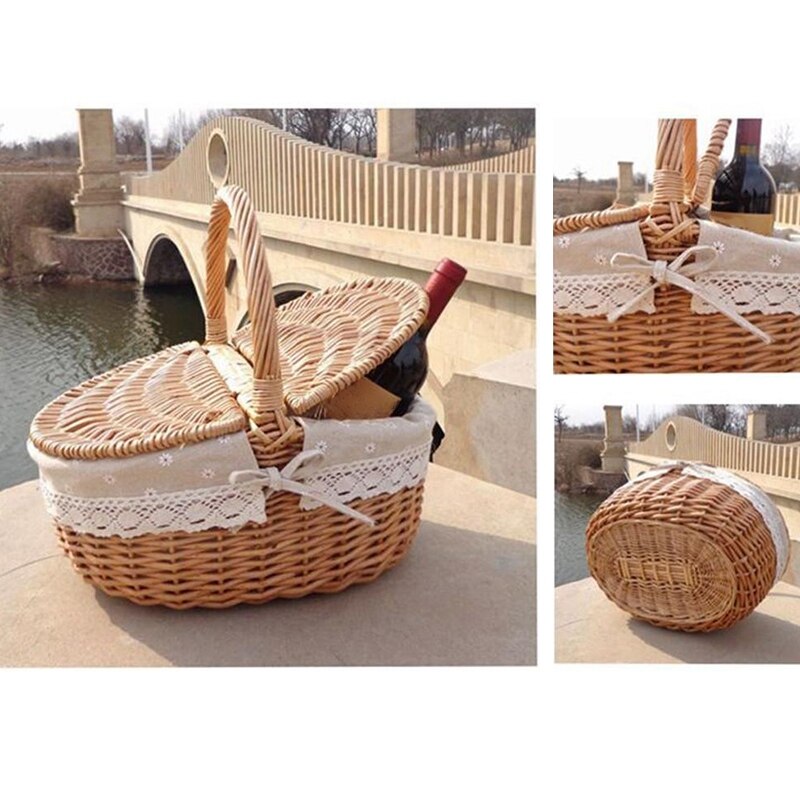 Handmade Wicker Basket with Handle Wicker Camping Picnic Basket with Double Lids Storage Hamper Basket with Cloth Lining