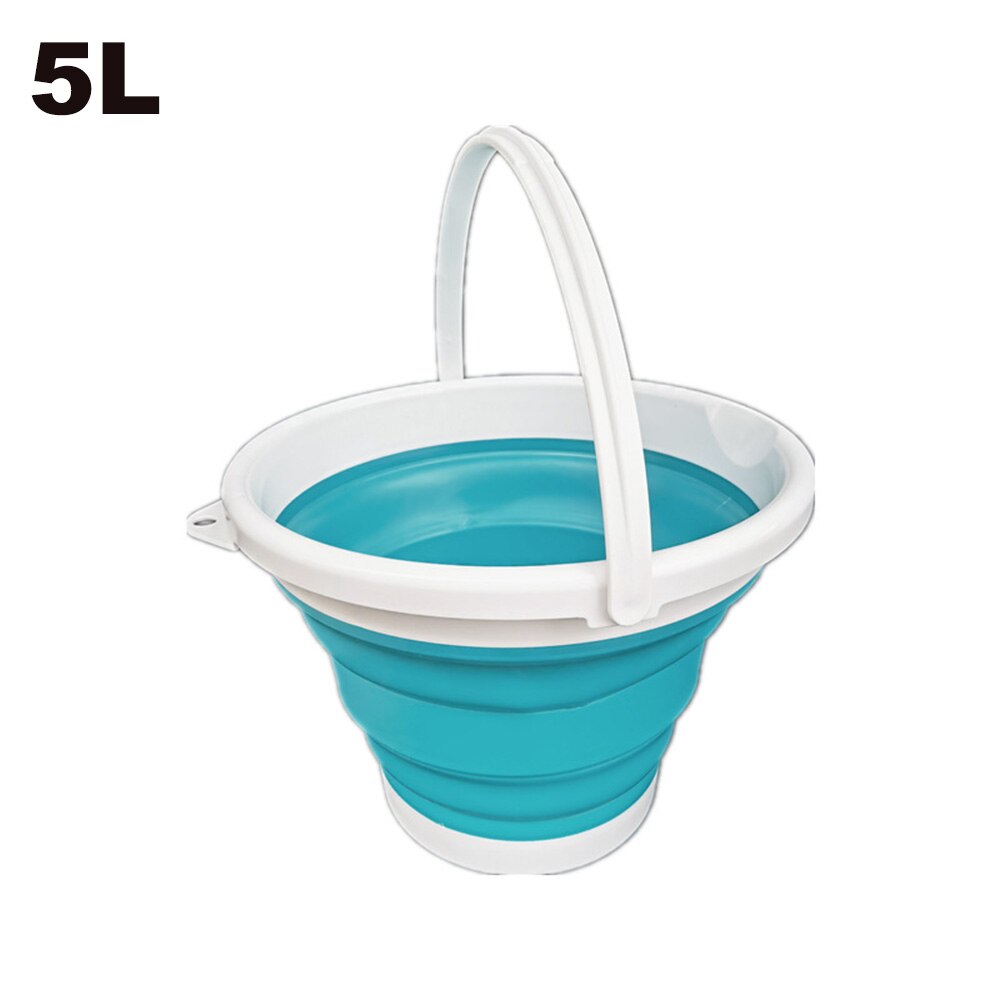 10L Collapsible Bucket 2.6 Gallon Foldable Portable Cleaning Silicone Bucket Space Saving Car Bucket for Garden Camping Fishing: White-Blue 5L