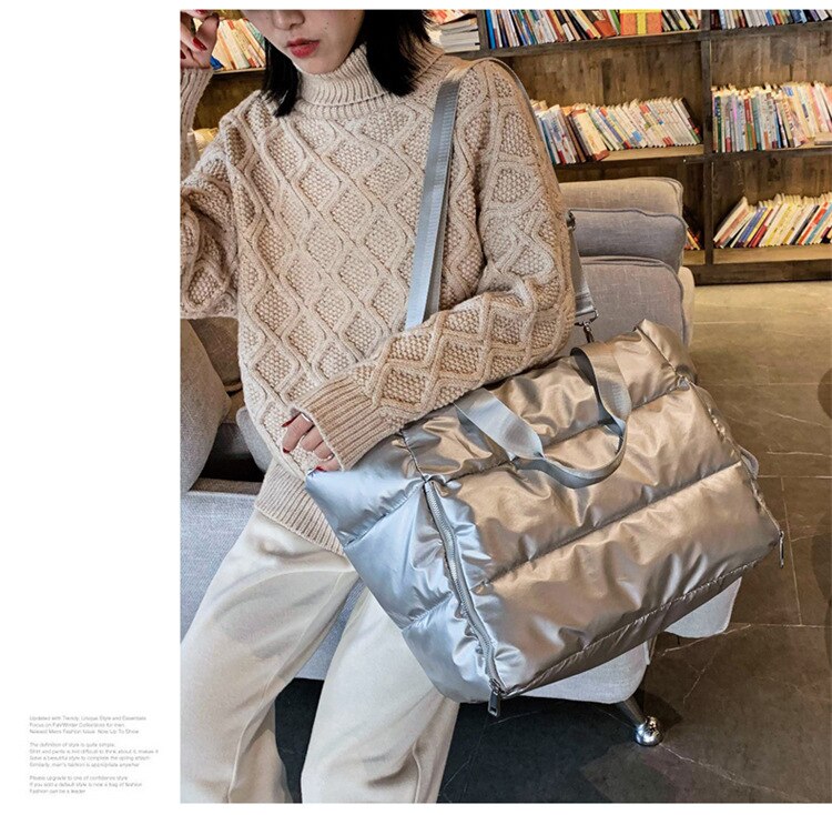 Hiver sac à bandoulière de grande capacité pour les femmes sacs en Nylon imperméables espace Pad coton plume vers le bas sac grand sac avec épaule: Silver