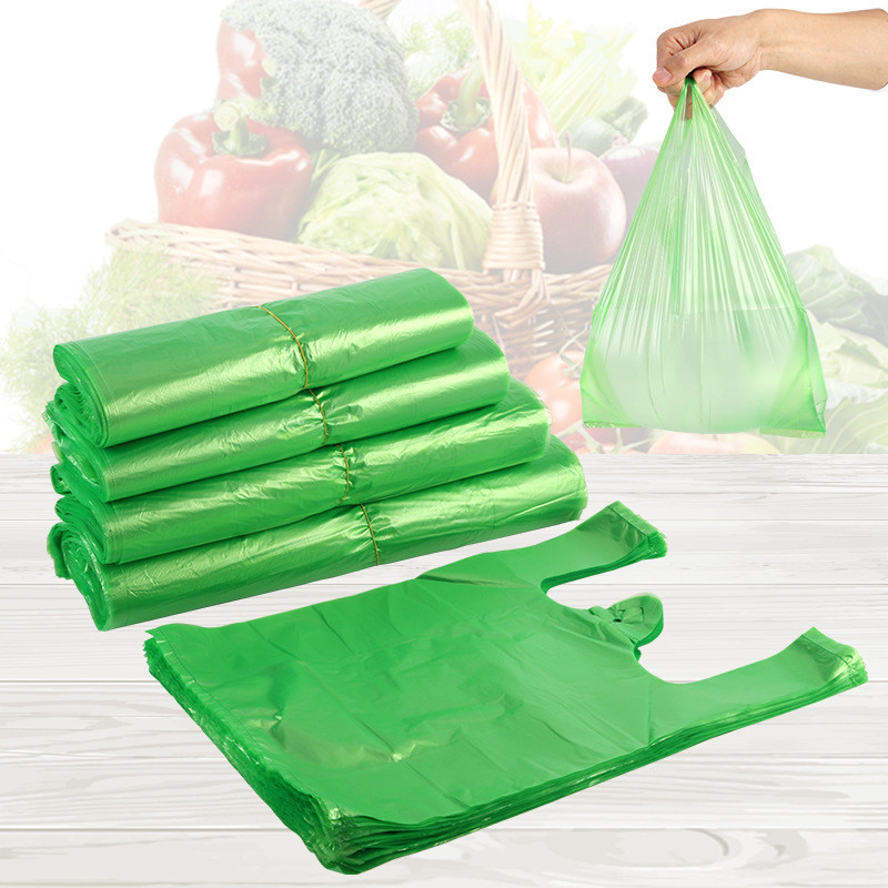 100pcs Green Plastic Bag Supermarket Grocery Shopping Disposable with Handle Vest Bag Kitchen Storage Clean Garbage Bag