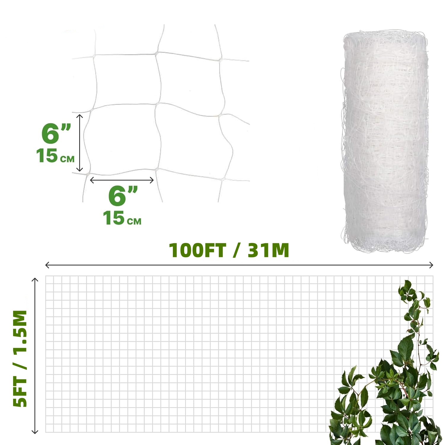 Plastic Trellis Netting 4x100ft, 5x100ft Heavy Duty 6'' Mesh Polypropylene(PP) Plant Support Net for Climbing Vegetables Fruit