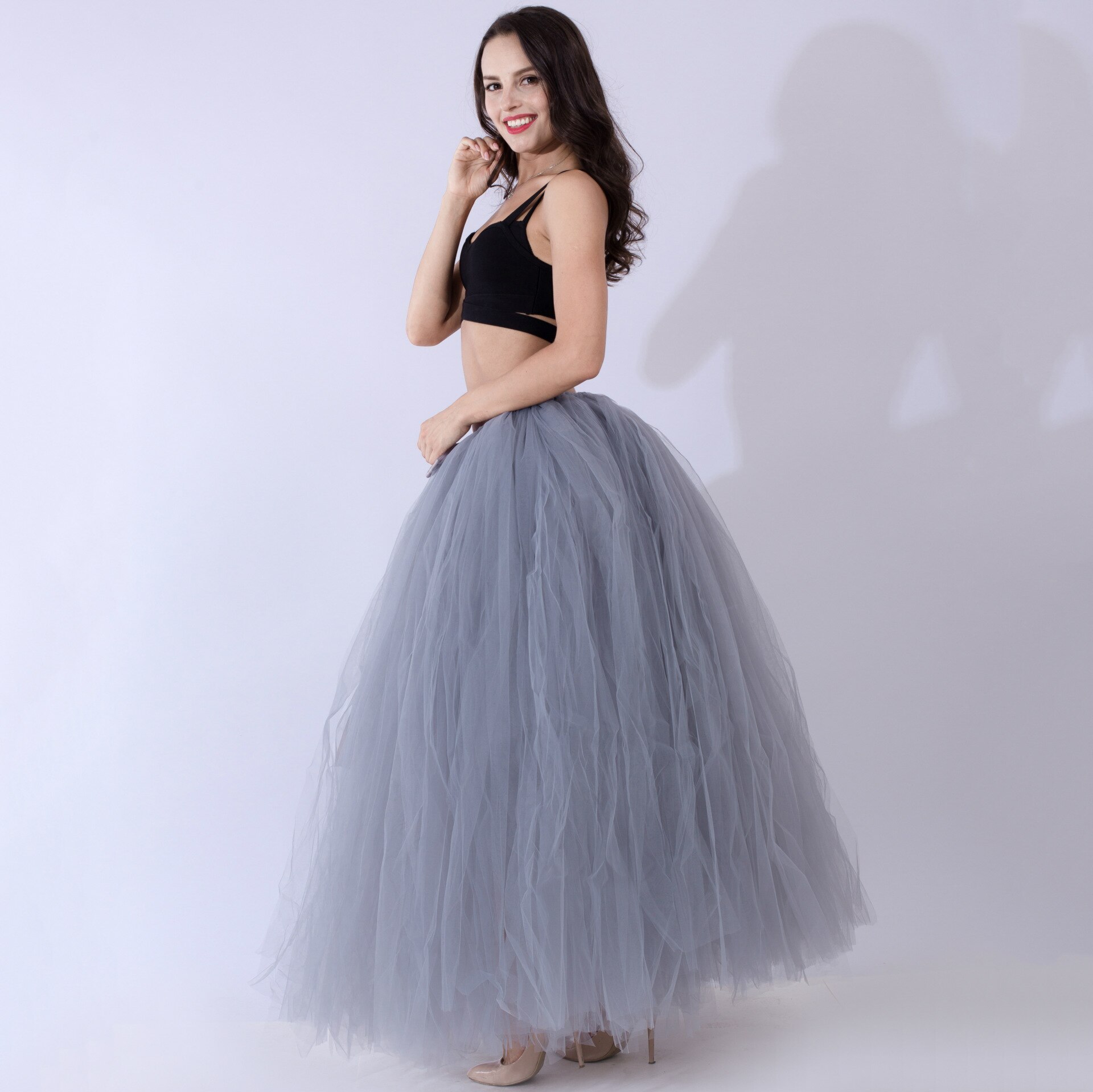Schwarz Hoopless Lange Petticoat Hochzeit Krinoline Ballkleid Unterrock Schichten Tüll Rock Frau Erwachsene Tutu Braut Zubehör: Gray