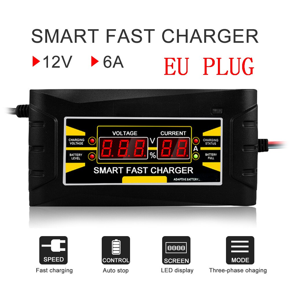 Volledige Automatische Auto Batterij Lader 150V/250V Naar 12V 6A Smart Fast Power Opladen Voor Nat droog Lood-zuur Digitale Lcd Display: 12V 6A EU Plug