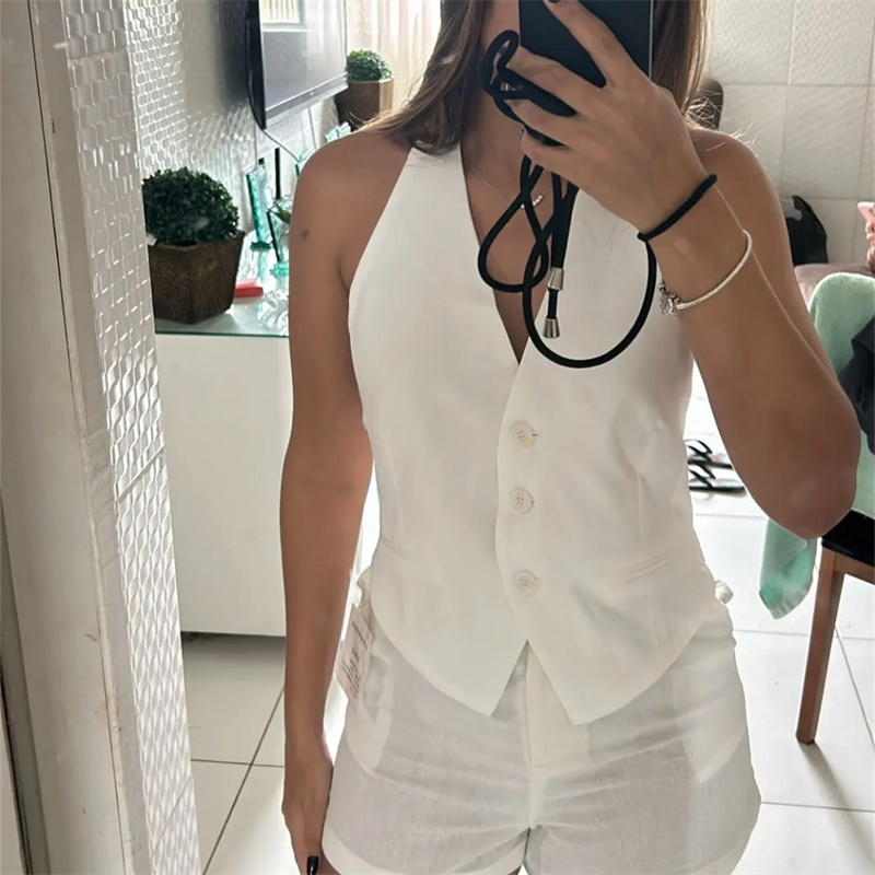 TRAF Black White Sleeveless Vest Women off Shoulder Cropped Vests for Women Waistcoat Halter Vest Top Women Vest Woman