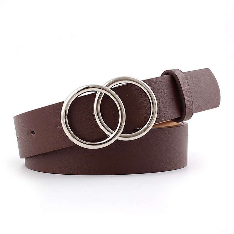 Cinturón con hebilla de doble anillo para mujer, Vintage informal, hebilla plateada que combina con todo, cinturilla de cuero artificial, novedad de