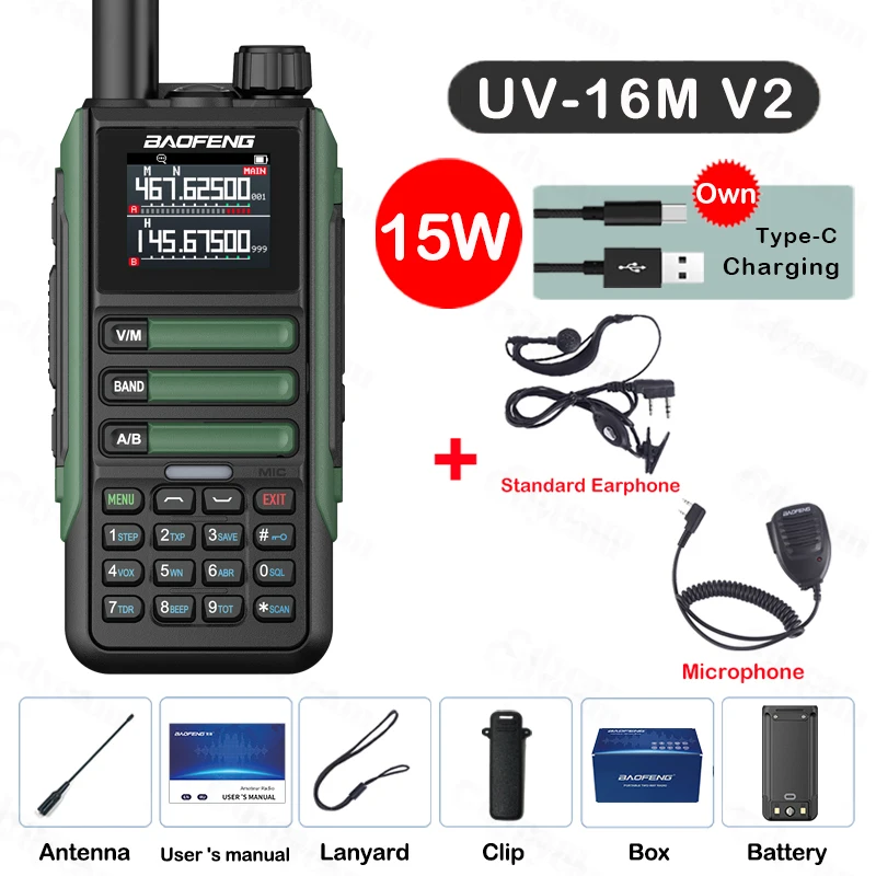 Upgrade Baofeng UV16M V2 Walkie Talkie 15W High Capacity AM FM 2-Way Radio Full Band LCD 999CH Frequency Copy NOAA Noise Reduce: black