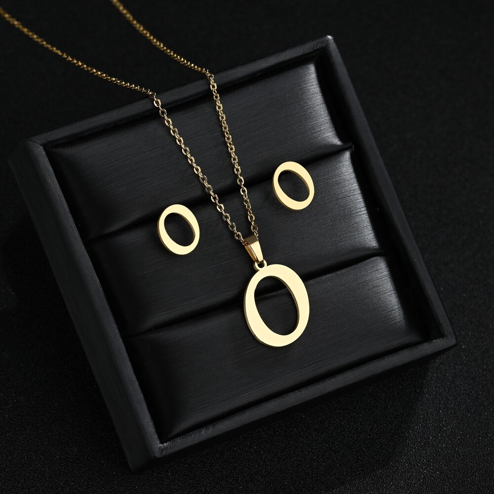 A-Z Edelstahl Ersten Halskette Und Ohrringe Schmuck Sets Alphabet Anhänger Kette Brief Zubehör: O
