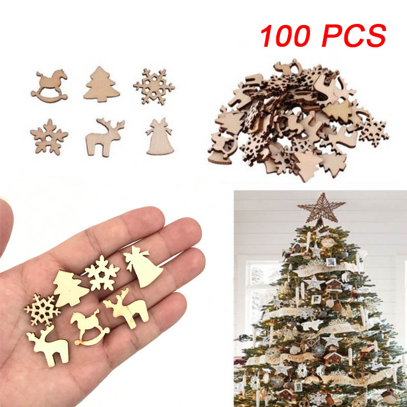 Nieuw 100Pcs DIY Ambachtelijke Houten Chip Rendier Sneeuwvlok Kerstboom Ornamenten Thuis Party Decor XSD88