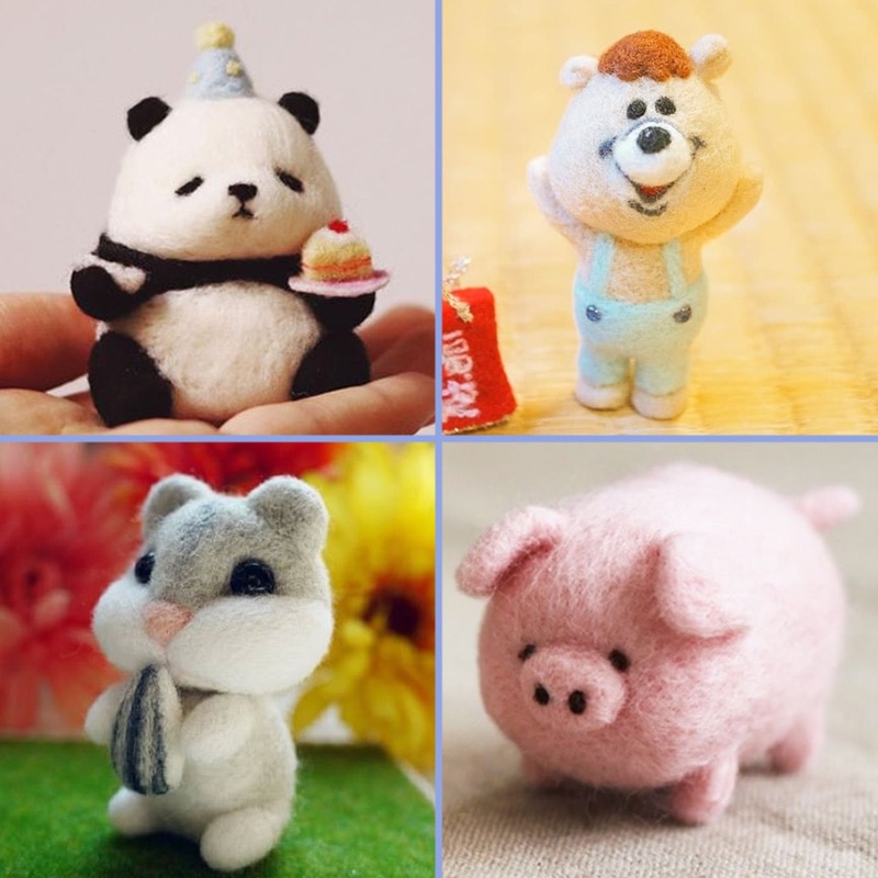 Icke färdig filt söt djur panda björn gris hamster leksak docka ull filt petad kitning handfärg ull tovning material