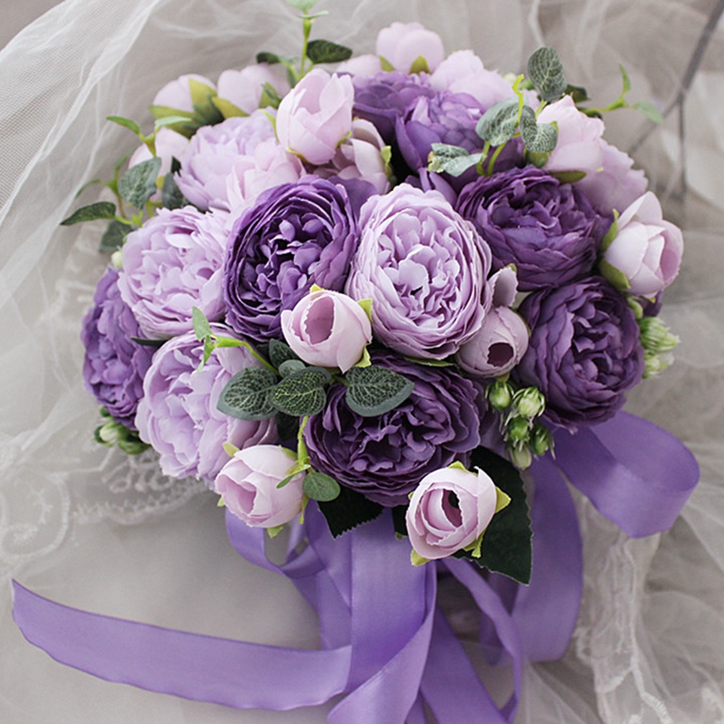 Lilla pæon brudebuketter bryllup blomster kunstige bryllup buket de mariage rose