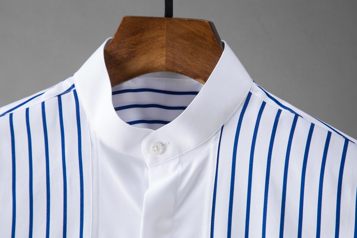 Tencel Male Shirts Luxury Stand Collar Long Sleeve Stripe Mens Dress Shirts Slim Fit Casual Man Shirts 4xl