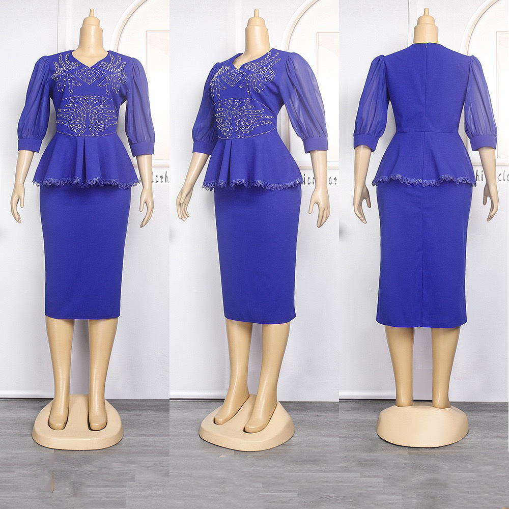 Eleganti gonne africane da 2 pezzi impostato camicetta e gonne aderenti con scollo a V con diamanti Abiti femminili di lusso alla moda impostato di gonne abbinate