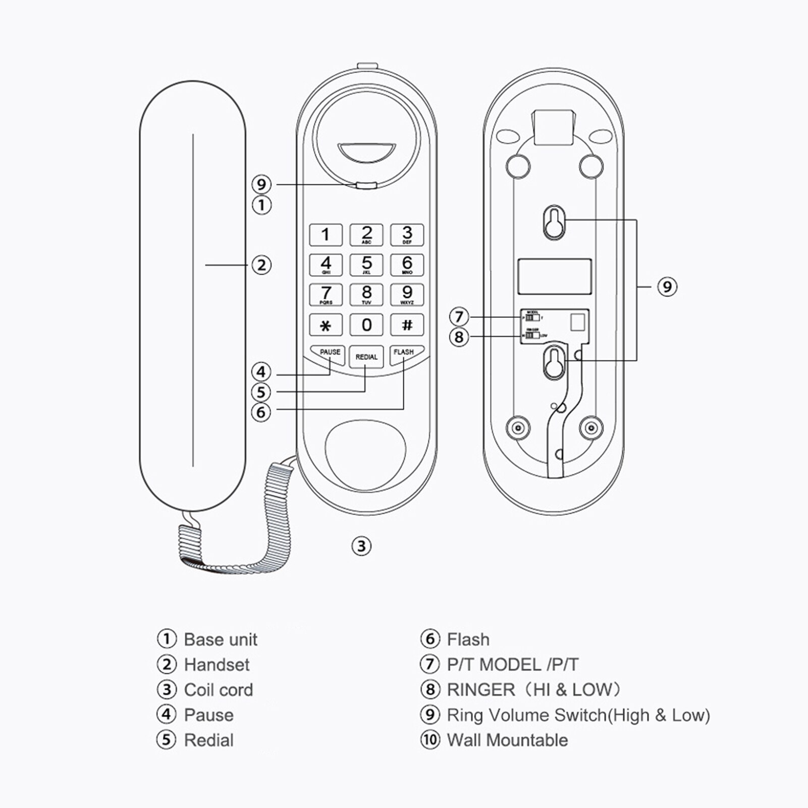 Portable Corded Telephone Phone Pause/ Redial/ Flash Wall Mountable Base Handset for House Home Call Center Office Company Hotel