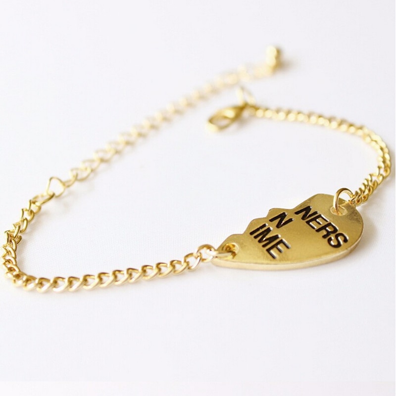1Pair Gold color Best Friends BFF Forever Partners In Crime Valentine Split Heart Pendant Bracelet Set