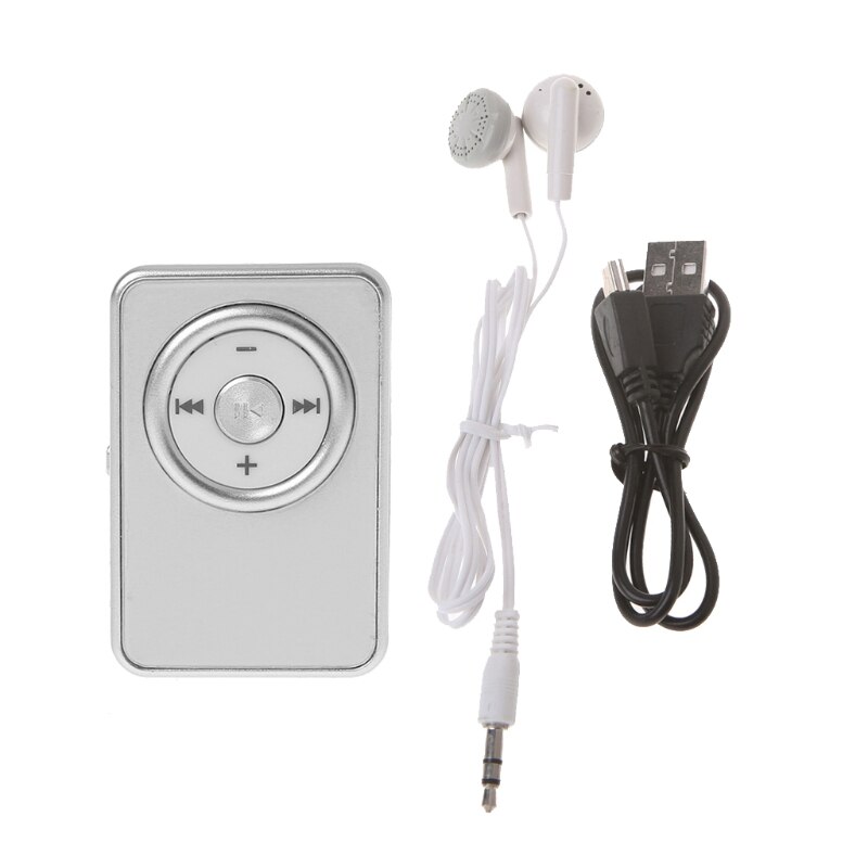 Mini Clip reproductor de MP3 para música, compatible con tarjeta Micro SD TF con Cable USB para auriculares: Plata