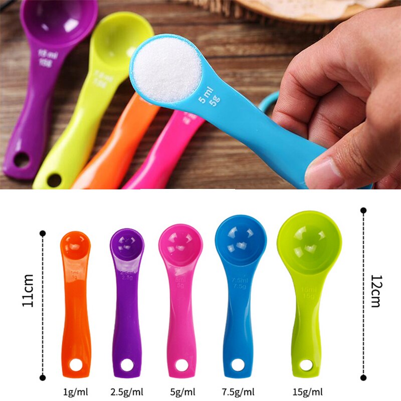 5 pcs/set Measuring Spoons Colorful Plastic (1 / 2.5 / 5 / 7.5/ 15ml) Sugar Cake Baking Spoon Baking Utensil Tools Set Kit