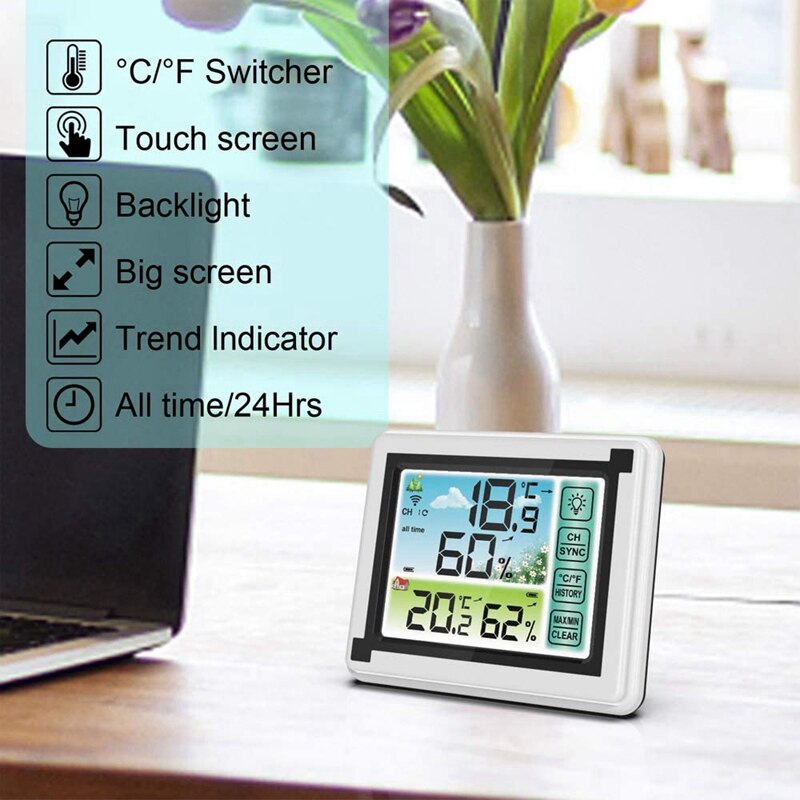 Wireless Weather Station Indoor Outdoor Thermometer with Sensor, Digital Temperature Humidity Monitor with LCD Backlight
