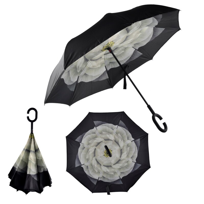 Vindtæt omvendt foldning dobbeltlag omvendt paraply selv stå ud og ud regn beskyttelse c-hook hænder til kvinder børn