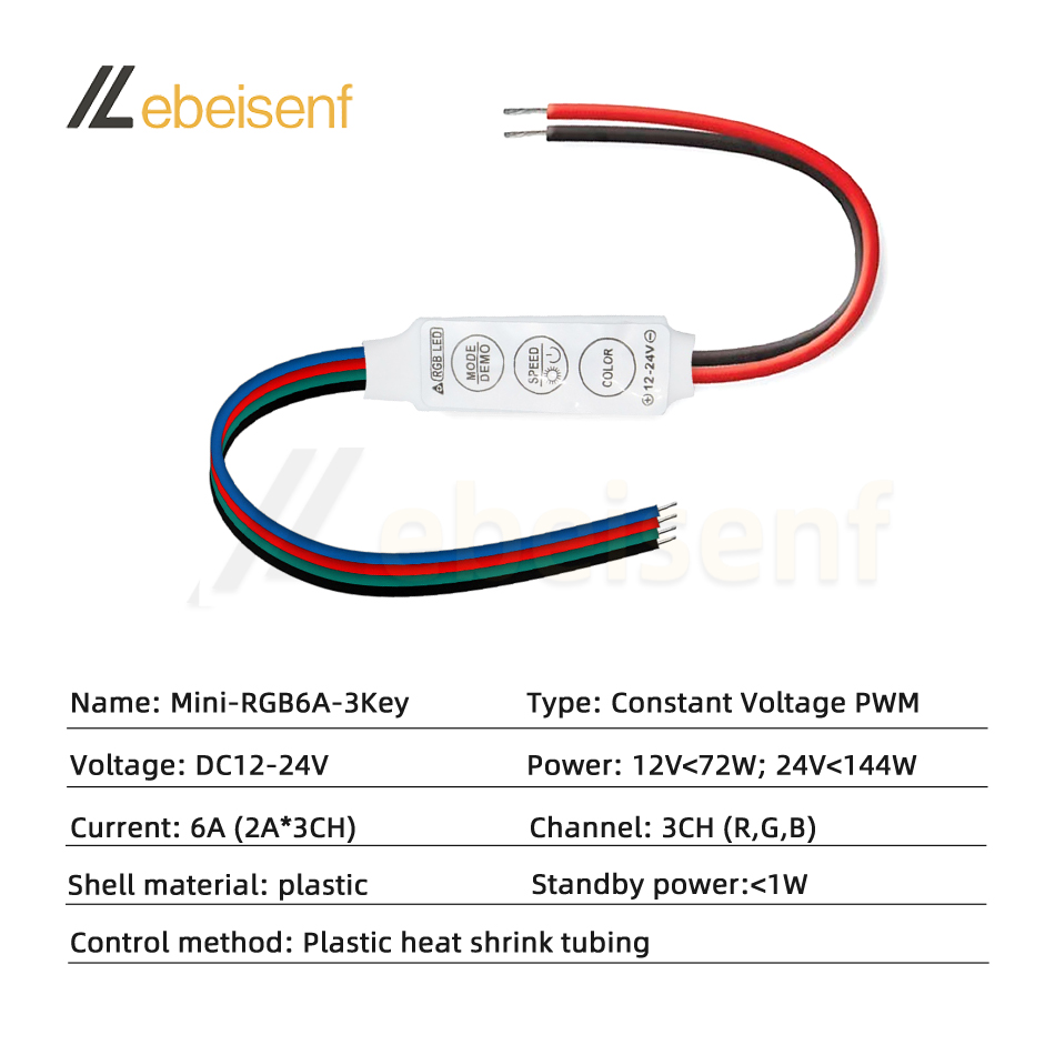 Mini-RGB-Controller, DC 12 V, 24 V, 6 A, Mikro-3-Tasten-LED-Dimmer für Konstantspannung, PWM, 3-Kanal, bunte Streifenlicht-Dimmsteuerung