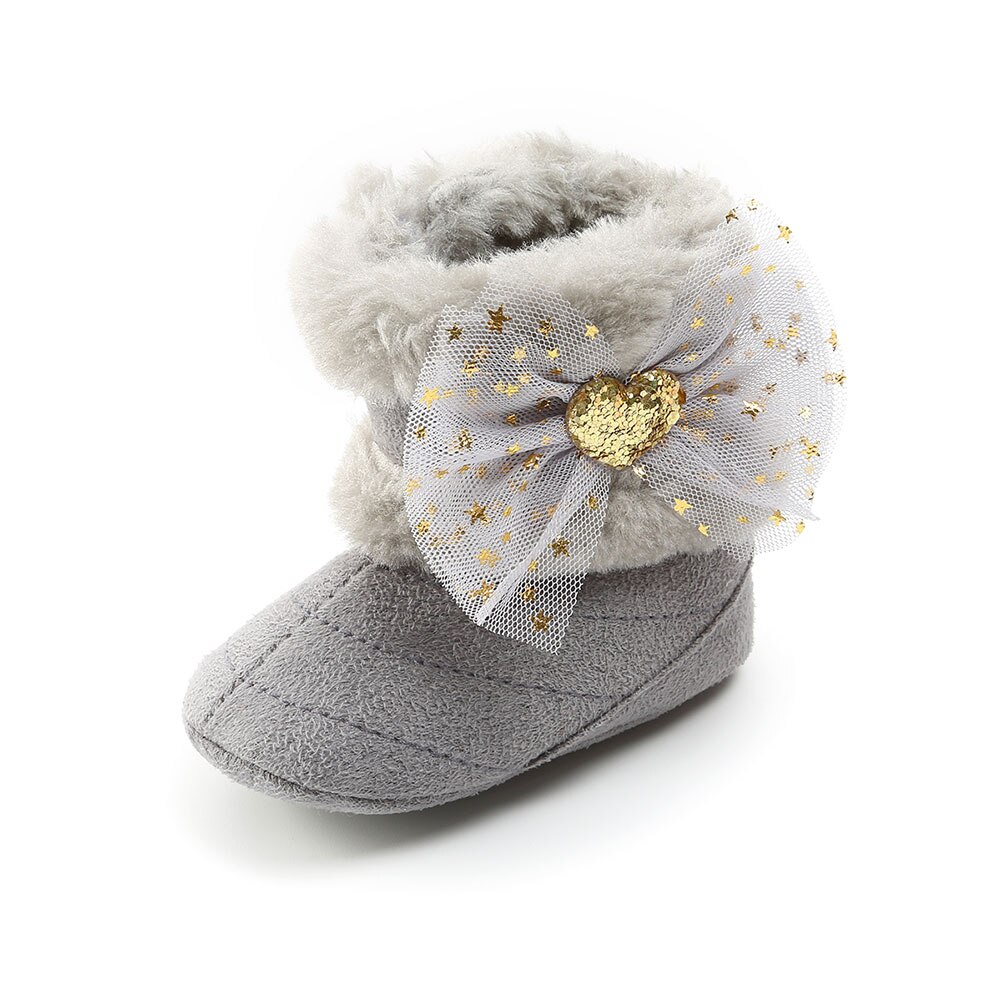 Sneeuwlaarzen voor babymeisjes, zachte zool, antislip, comfortabele voering van imitatiebont, enkellaarsjes met schattige strik van tule: Grijs / 0-6 maanden