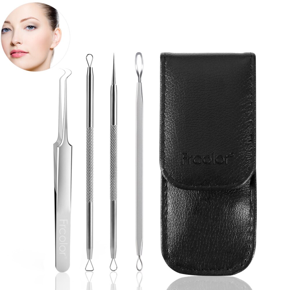 Frcolor 4pcs Blackhead Remover Pimple Comedone Extractor Tool Best Acne Removal Extraction Kit with Black Leather Case: Default Title
