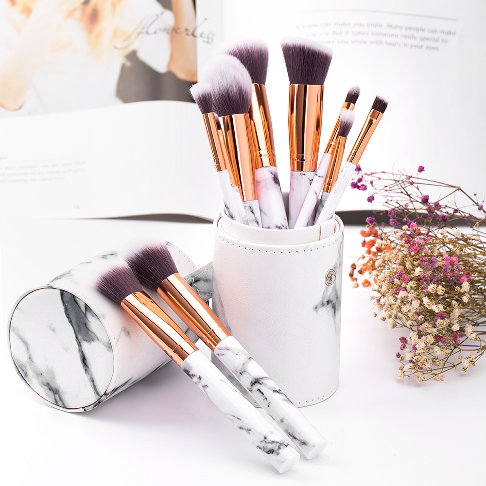 10 stk marmor makeup børster sett myk foundation pudder øyenskygge børste skjønnhet marmor makeup verktøy med sylinder