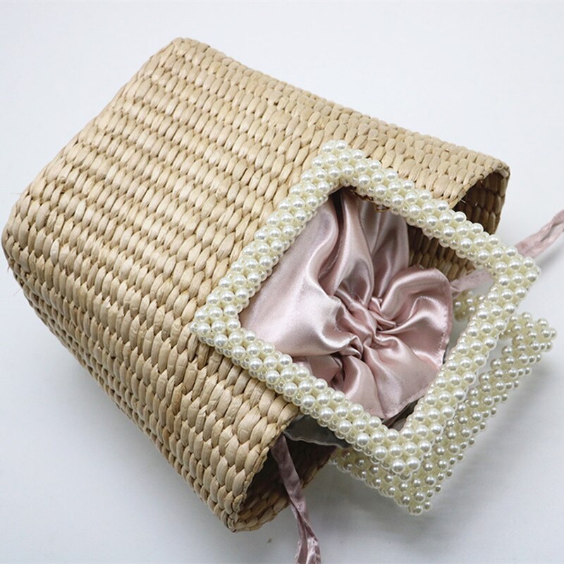 Kvinder perle halm håndtaske vævet tote sommer strand rejse snøre spand boheme perle håndtag tasker  ss3643