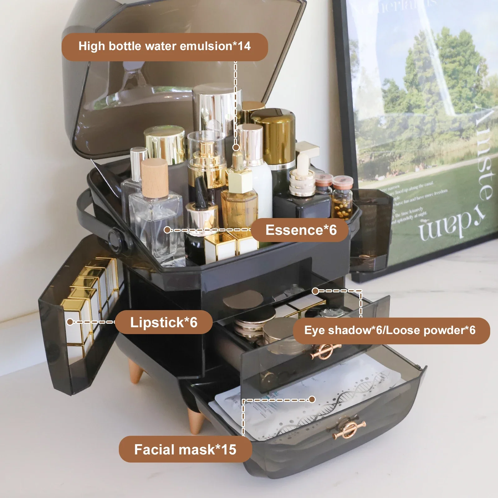 25Organizador de maquillaje para tocador, organizadores portátiles para el cuidado de la piel con tapa y cajones, almacenamiento de maquillaje y vitrina de cosméticos para contar