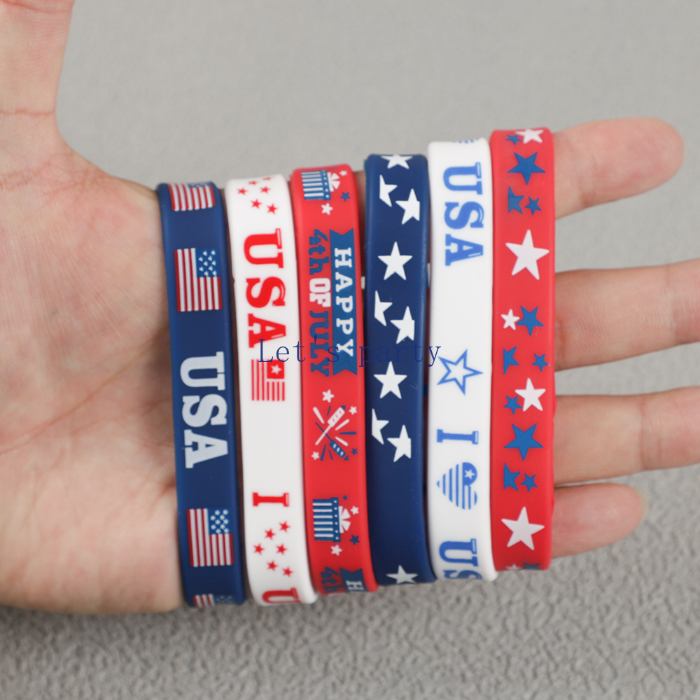 6Pcs Independence Day Theme Bracelet I Love USA Silicone Wristbands for Birthday 4th of July American National Day Party Favors: Default Title