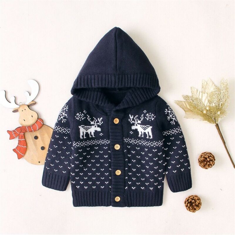 Emmababy Newborn Baby Boy Girl Xmas Long Sleeve Floral Printed Hooded Knitted Coat Jacket Christmas Autumn: Blue / 3M