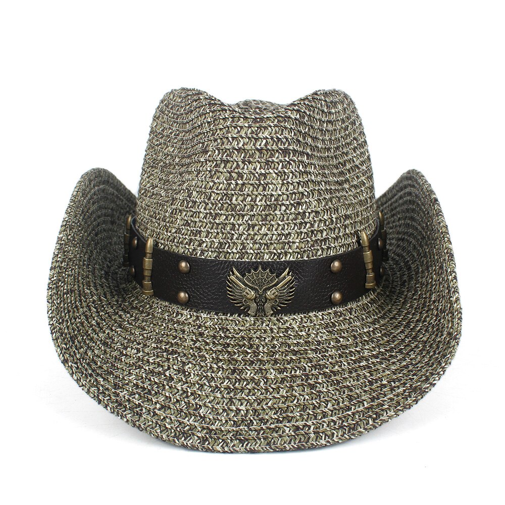 Kvinner menn halm hul vestlig cowboyhatt dame pappa sommer punk belte sombrero hombre Strand cowgirl jazz solhatt str 57-59cm: Kaffe
