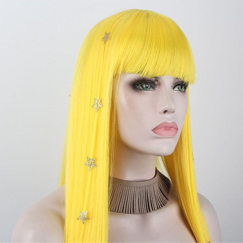 Anxin-peluca sintética de fibra sintética para mujer, pelo amarillo con flequillo de pentagrama de Color sólido, de alta temperatura Seda, , a juego
