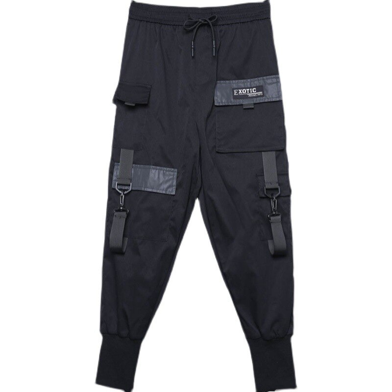 HOUZHOU-pantalones Cargo negros para hombre, ropa de calle japonesa, Hip Hop, gótico, cintas empalmadas