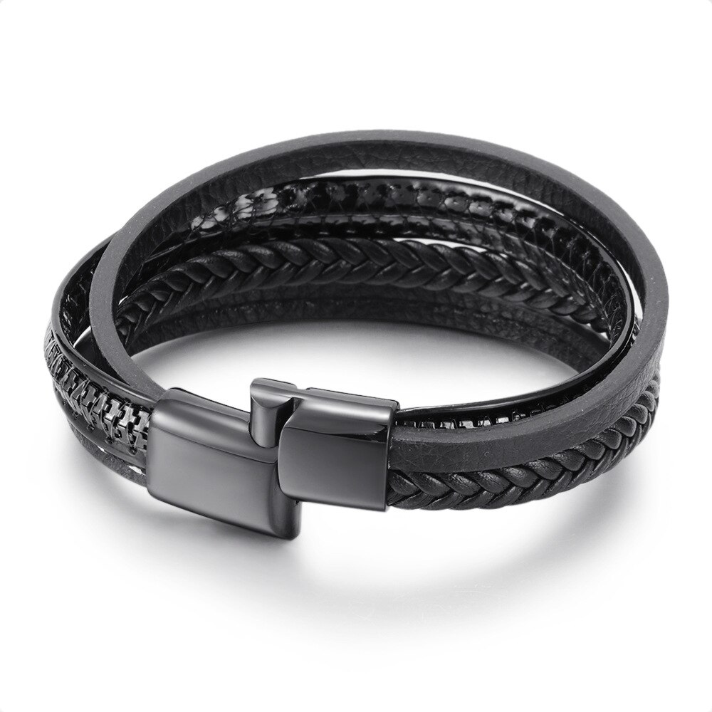 Multilayer Hand Gevlochten Lederen Touw Armband Mannen Sieraden Legering Magneet Gesp Armband Beslet Mannelijke Vaderdag: black