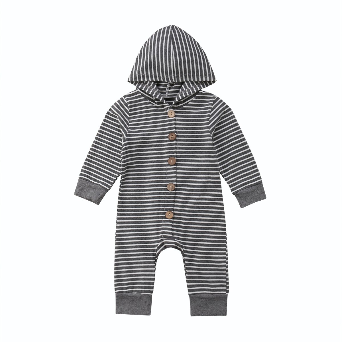0-24M printemps automne tenues enfant en bas âge bébé filles garçons à capuche à manches longues simple boutonnage gris rayé combinaisons barboteuses