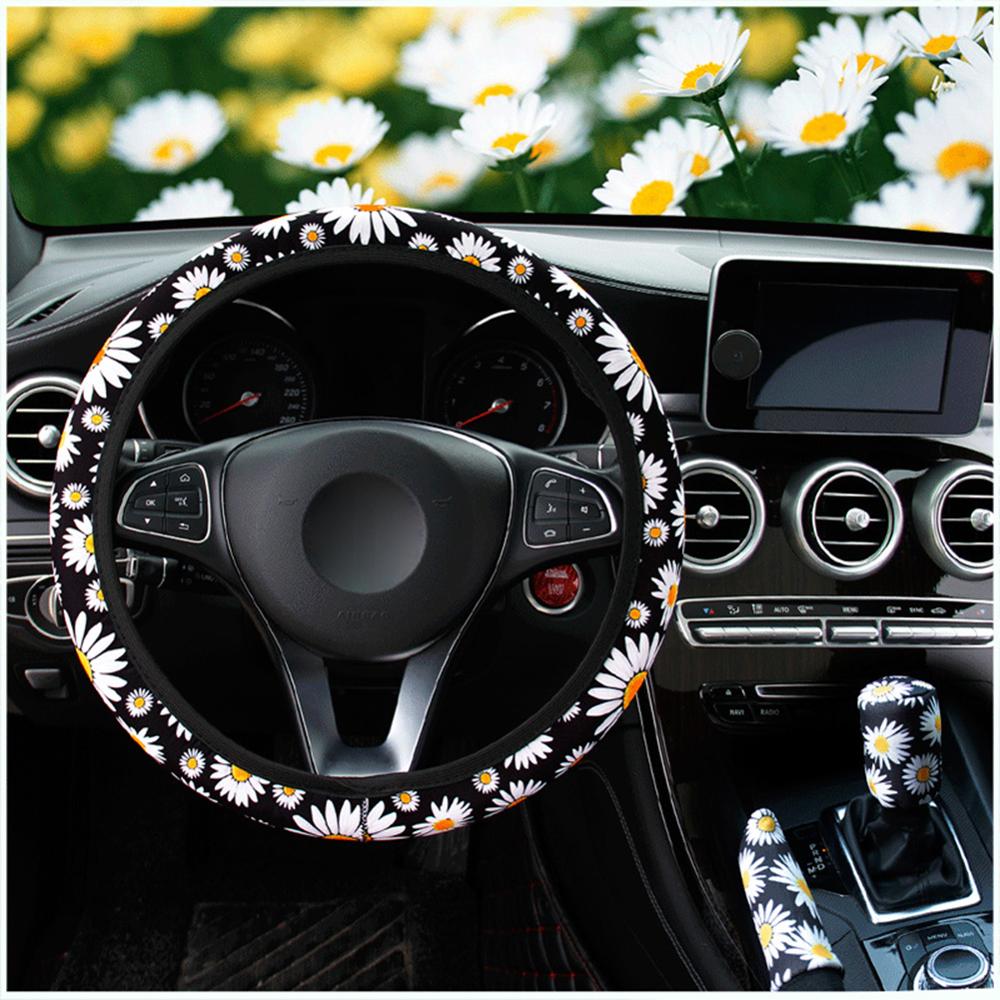3Pcs Daisy Bloem Auto-interieur Decoratie Gebreide Stuurhoes Auto Accessoires Wiel Cover Zonder Binnenring