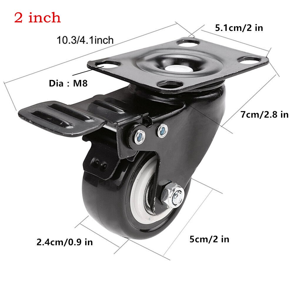 2'' Swivel Casters Wheel 4 Pack PU Rubber Swivel Casters with 360 Degree Each Wheel Capacity 132Lbs ,With Brake