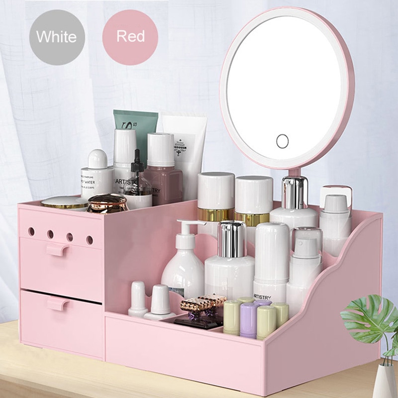 LED Mirror Makeup Organizer Bathroom Large Capacity Drawer Makeup Storage Box Skin Care Dressing Table Girl Cosmetic Beauty Case