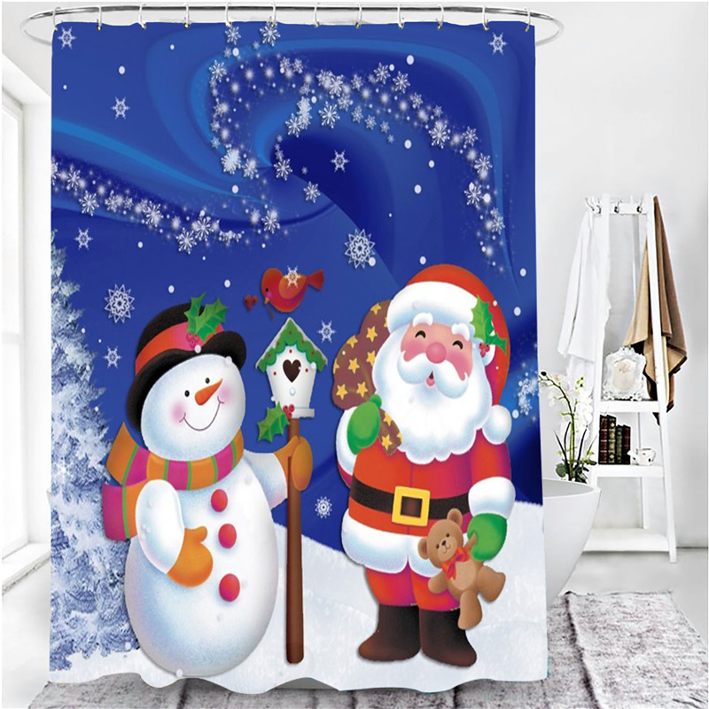 Merry Christmas Shower Curtain Set with Rugs Waterproof Curtain Bathing Screen Anti-slip Toilet Lid Cover Rugs Bathroom Decor: Shower Curtain - D