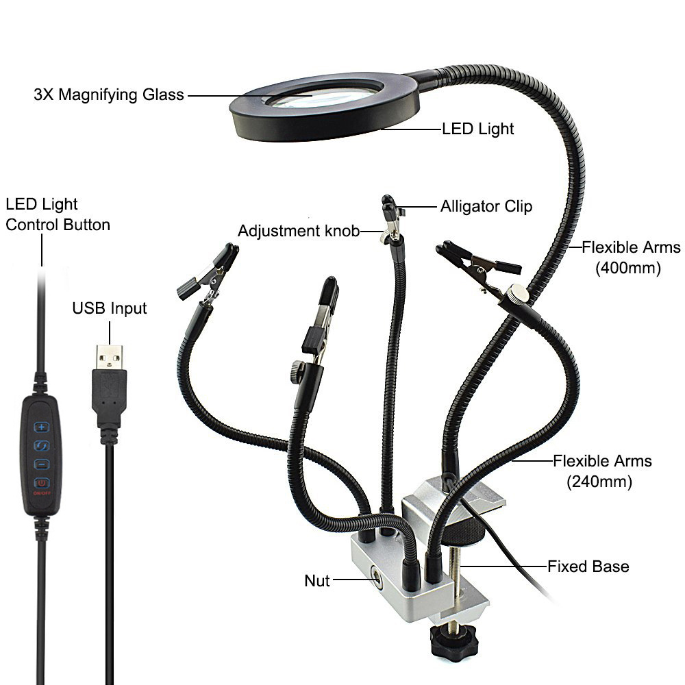 LED 3X Magnifier Bench Vise Table Clamp Soldering Helping Hand Soldering Station USB Arms LED Lights Desk Lamp Reading Working: 5 arms