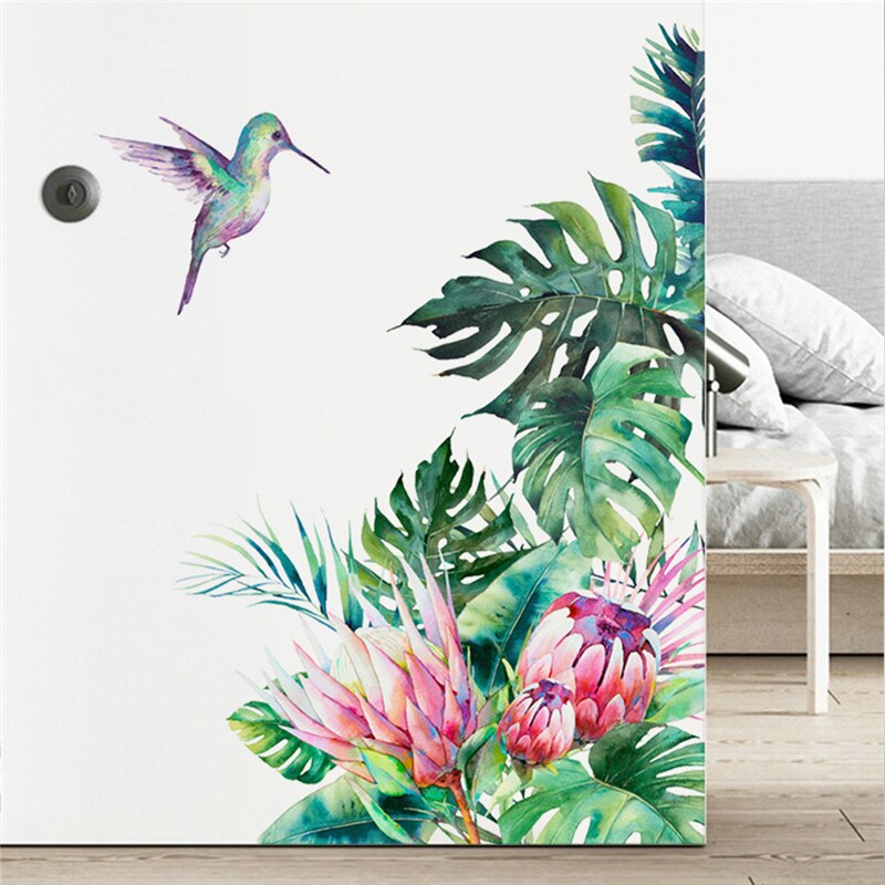Tropische bladeren, bloemen, vogel, muurstickers, slaapkamer, woonkamerdecoratie, muurschildering, woondecoratie, verwijderbare stickers, behang