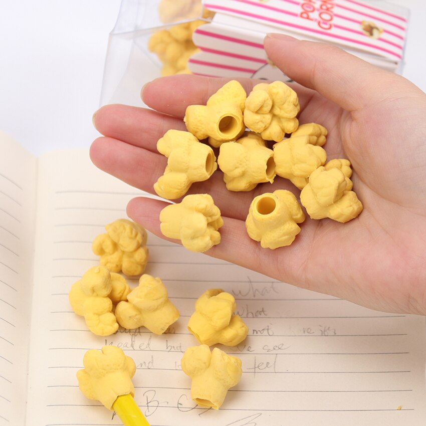 12 Stks/doos Kawaii Voedsel Popcorn Gummen Mooie Potlood Gum Voor Kids Creatieve Koreaanse Briefpapier Nieuwtje