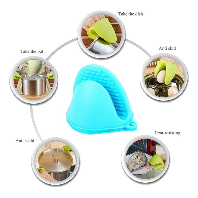 3 par ovnshansker silikon varmebestandig matlaging klype votter gryteklut til kjøkken matlaging og baking, grønn blå rød