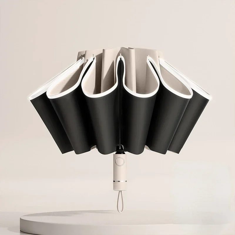 Paraguas totalmente automático para hombre y mujer, sombrilla plegable inversa con rayas reflectantes a prueba de viento y rayos UV: Verde