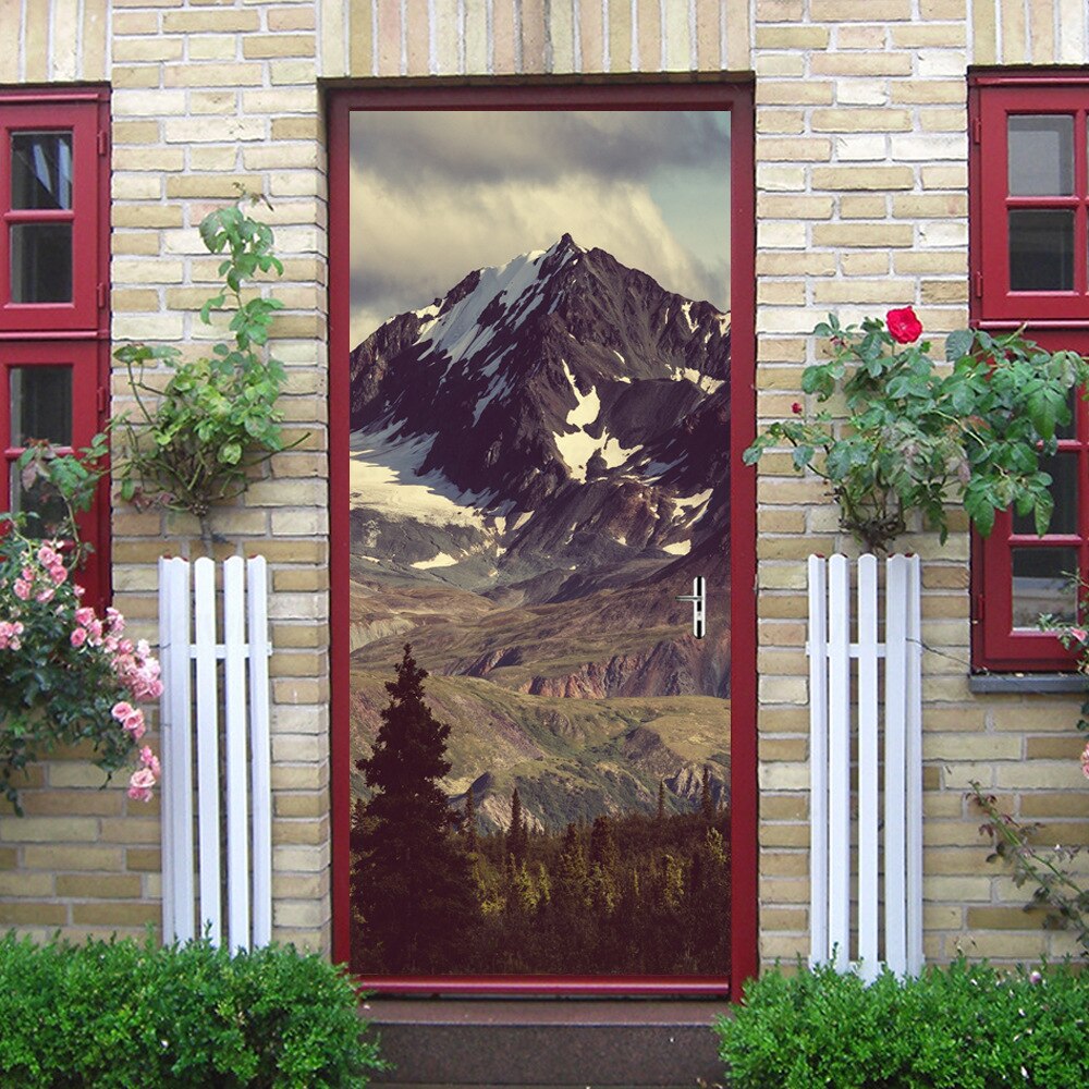 Snow Mountain Beautiful Scene Door Sticker Waterproof Wallpaper For Doors Living Room Bedroom Poster DIY Mural Decals Home Decor