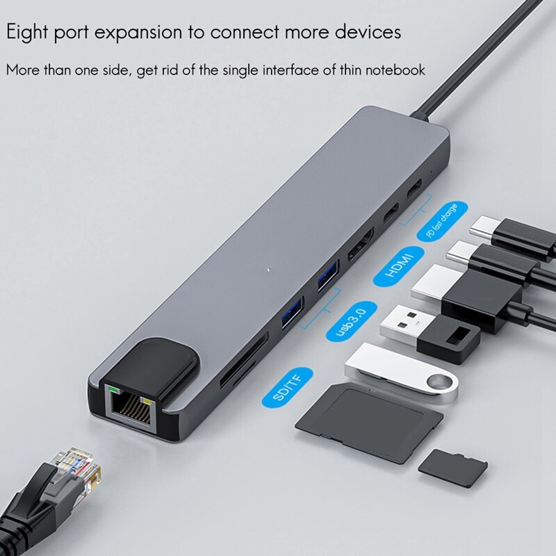 8In1 Type C Dock Station HDMI USB 3.0 HDMI RJ45 PD USB-C Hub 4K Portable Laptop Charging SD &TF Adapter Docking Station