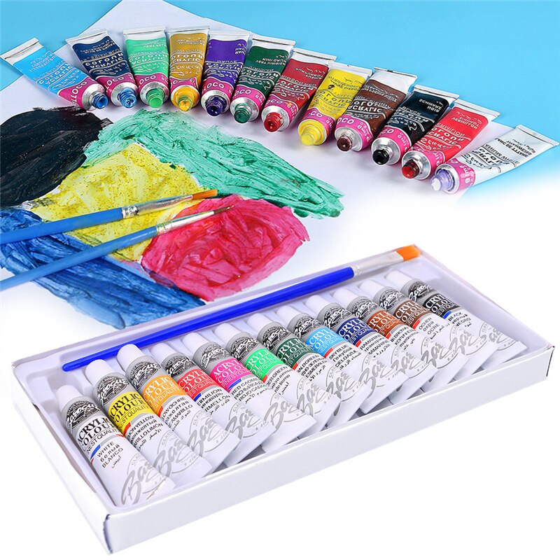 6 ML 12 Color Acrylic Paint Watercolor Set Hand Wall Painting Brush A6HE