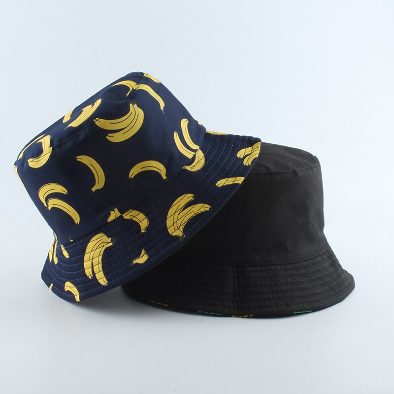 Panama bucket hat menn kvinner sommer bucket cap ananas banan trykk fisker hatt bob hiphop gorros reversibel fiske lue: Banan marine