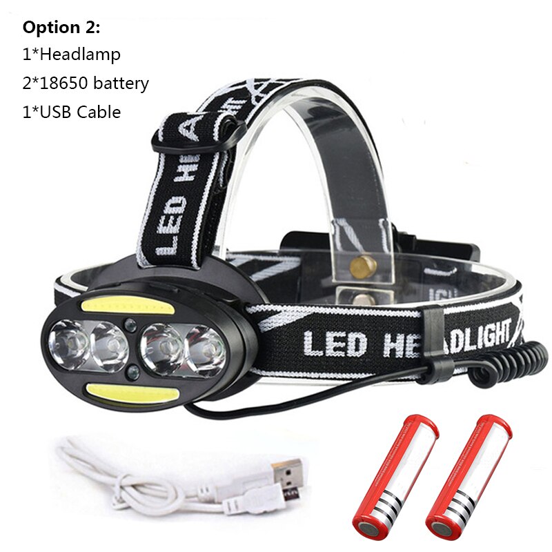 6500 Lumen Koplamp koplamp 4 * XM-T6 + 2 * COB + 2 * Rode LED Koplamp USB oplaadbare zaklamp Zaklamp Lanterna met batterijen: B